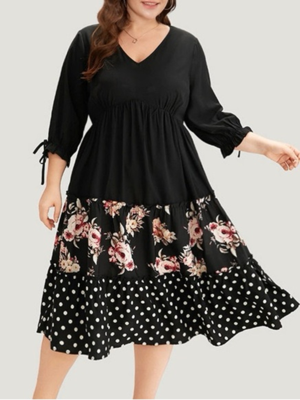 BloomChic Black Tiered Midi Dress with Floral & Polka Dot Hem